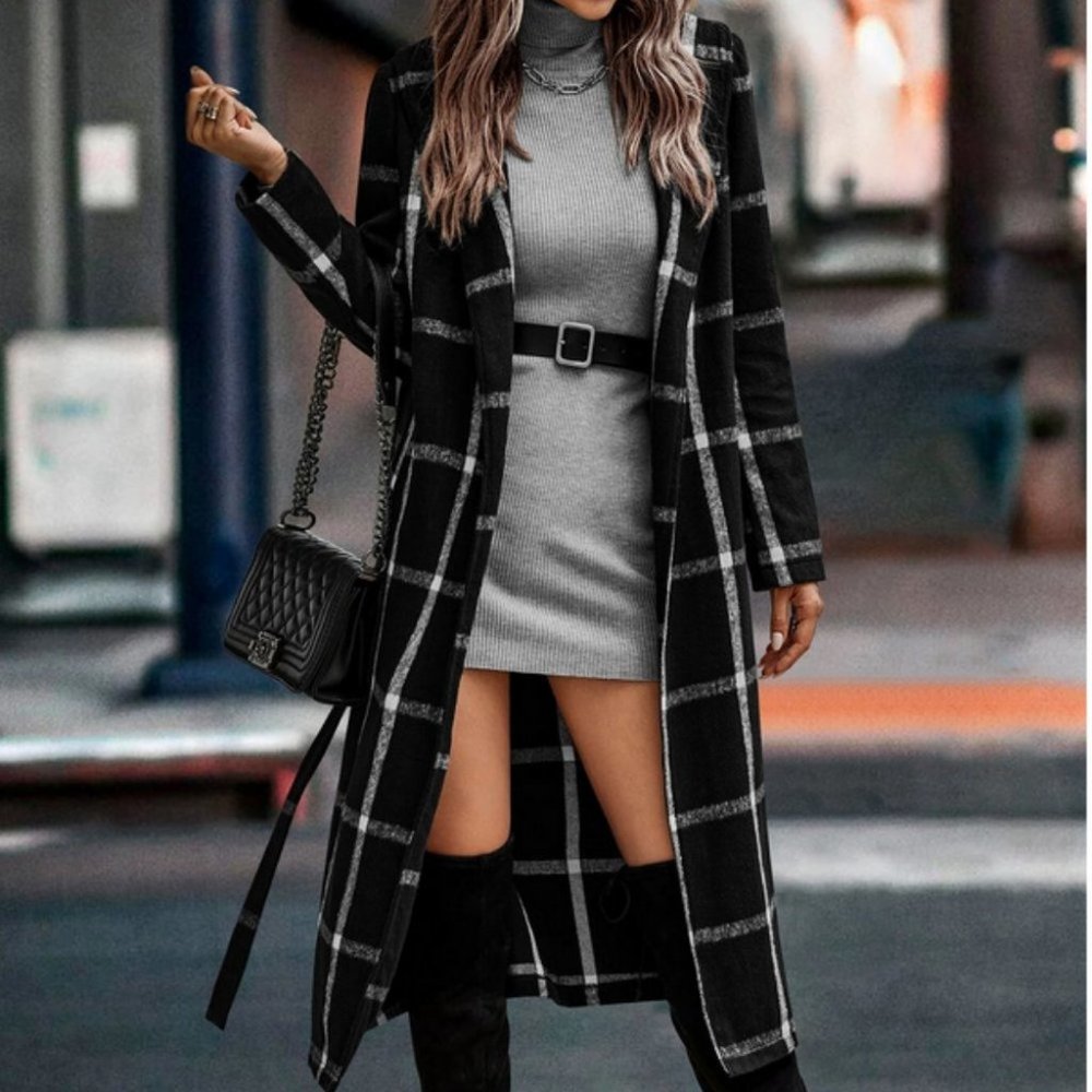 black and white plaid print belted trench coat fall winter chic classy - Picture 2 of 4